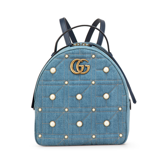 Pre-Loved Gucci Small GG Marmont Pearl Denim Backpack - Picture 1 of 12